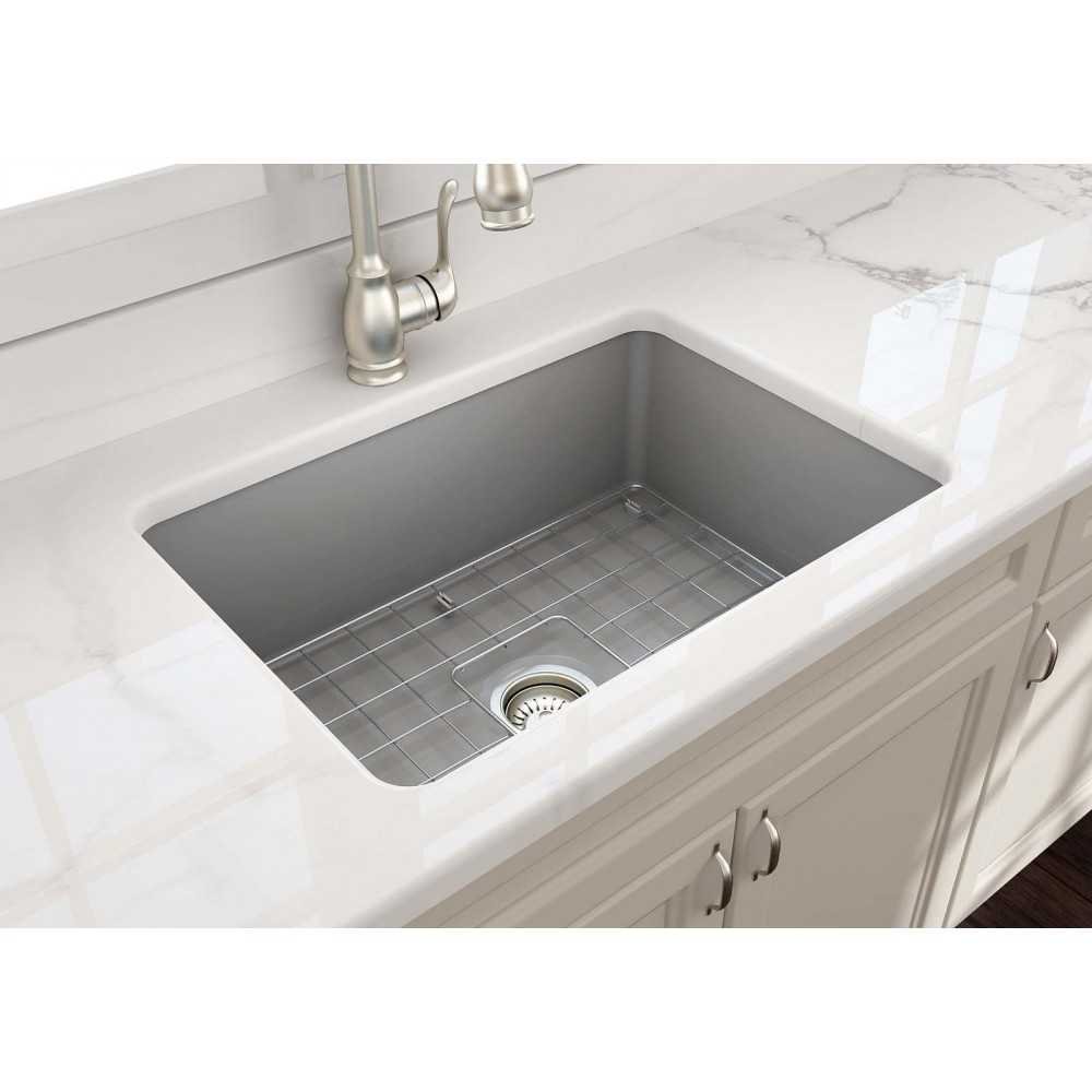 Sotto Undermount Fireclay 27 in. Single Bowl Kitchen Sink with Protective Bottom Grid and Strainer in Matte Gray