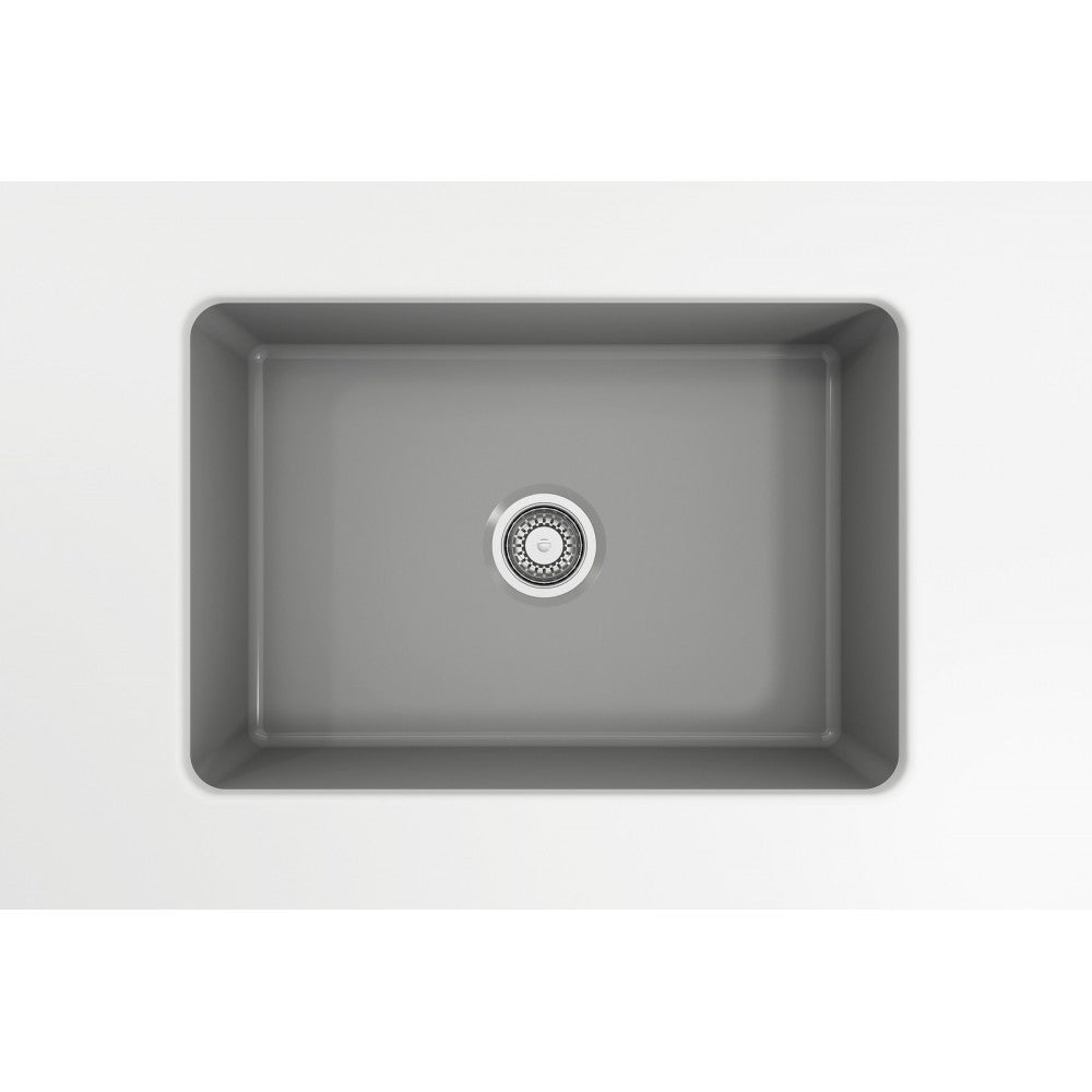 Sotto Undermount Fireclay 27 in. Single Bowl Kitchen Sink with Protective Bottom Grid and Strainer in Matte Gray