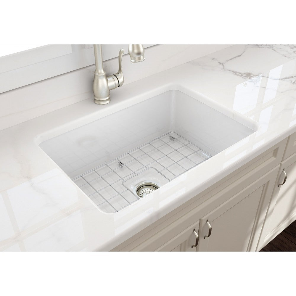 Sotto Undermount Fireclay 27 in. Single Bowl Kitchen Sink with Protective Bottom Grid and Strainer in White