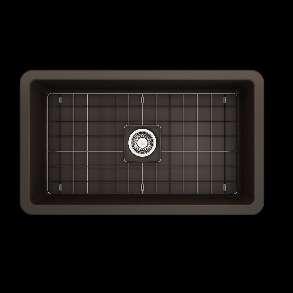 Sotto Undermount Fireclay 32 in. Single Bowl Kitchen Sink with Protective Bottom Grid and Strainer in Matte Brown