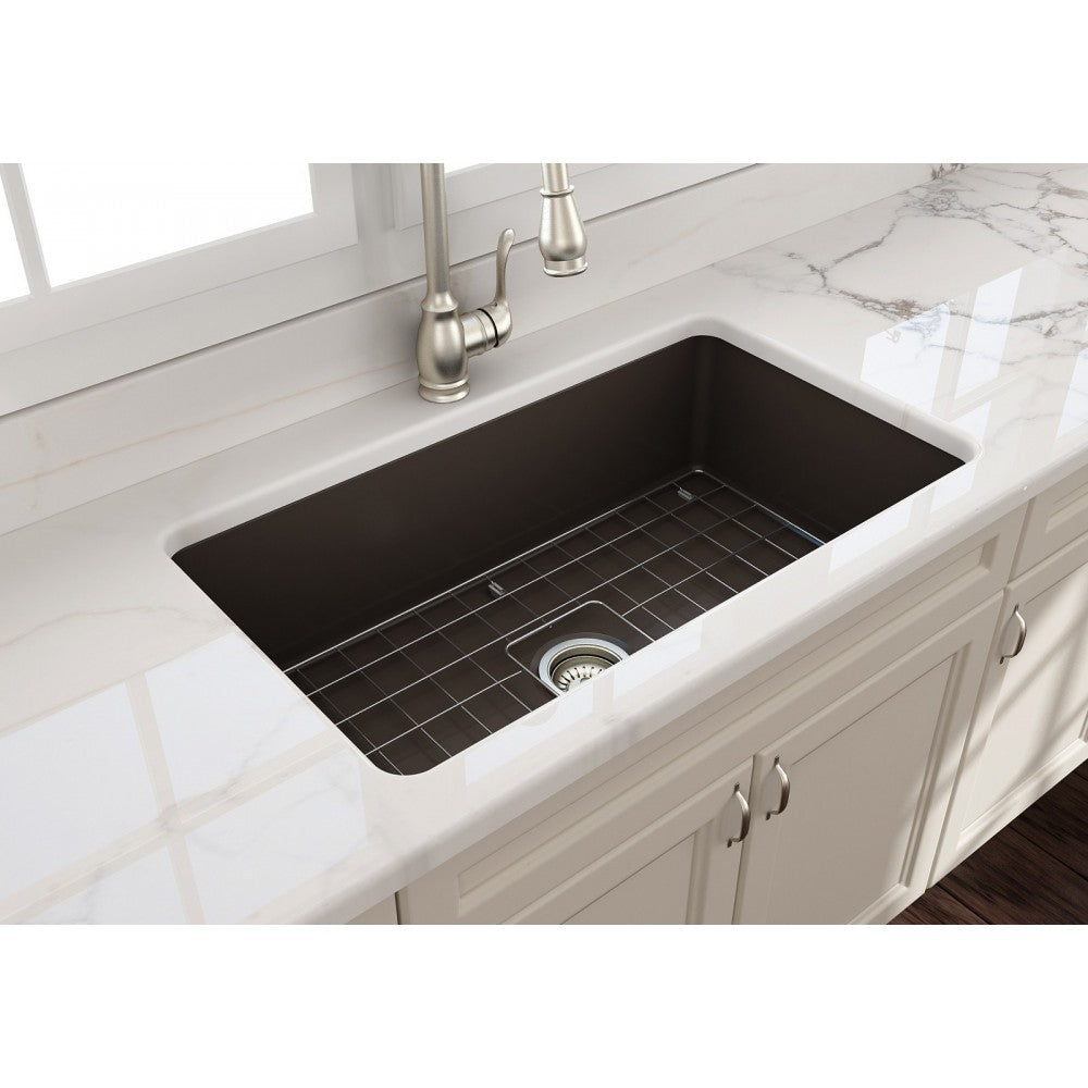 Sotto Undermount Fireclay 32 in. Single Bowl Kitchen Sink with Protective Bottom Grid and Strainer in Matte Brown