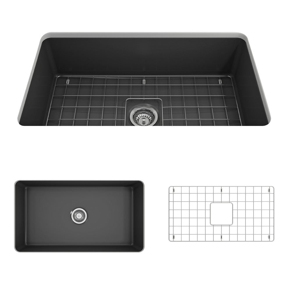 Sotto Undermount Fireclay 32 in. Single Bowl Kitchen Sink with Protective Bottom Grid and Strainer in Matte Dark Gray