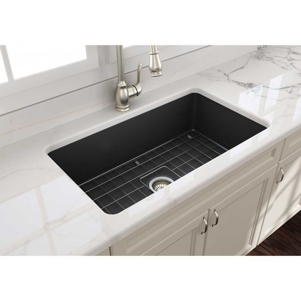 Sotto Undermount Fireclay 32 in. Single Bowl Kitchen Sink with Protective Bottom Grid and Strainer in Matte Dark Gray