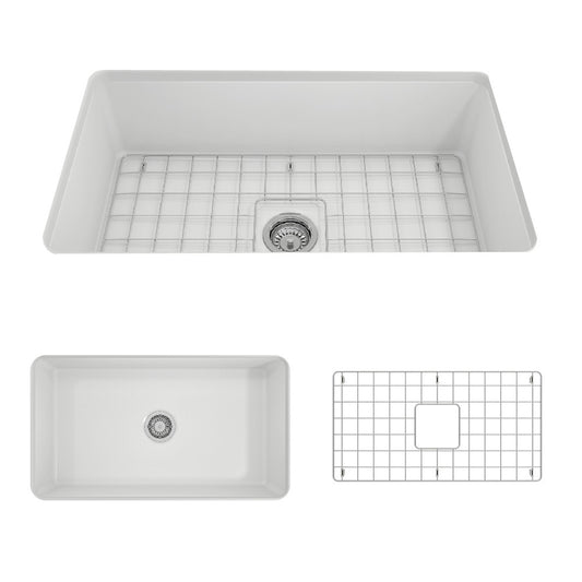 Sotto Undermount Fireclay 32 in. Single Bowl Kitchen Sink with Protective Bottom Grid and Strainer in Matte White