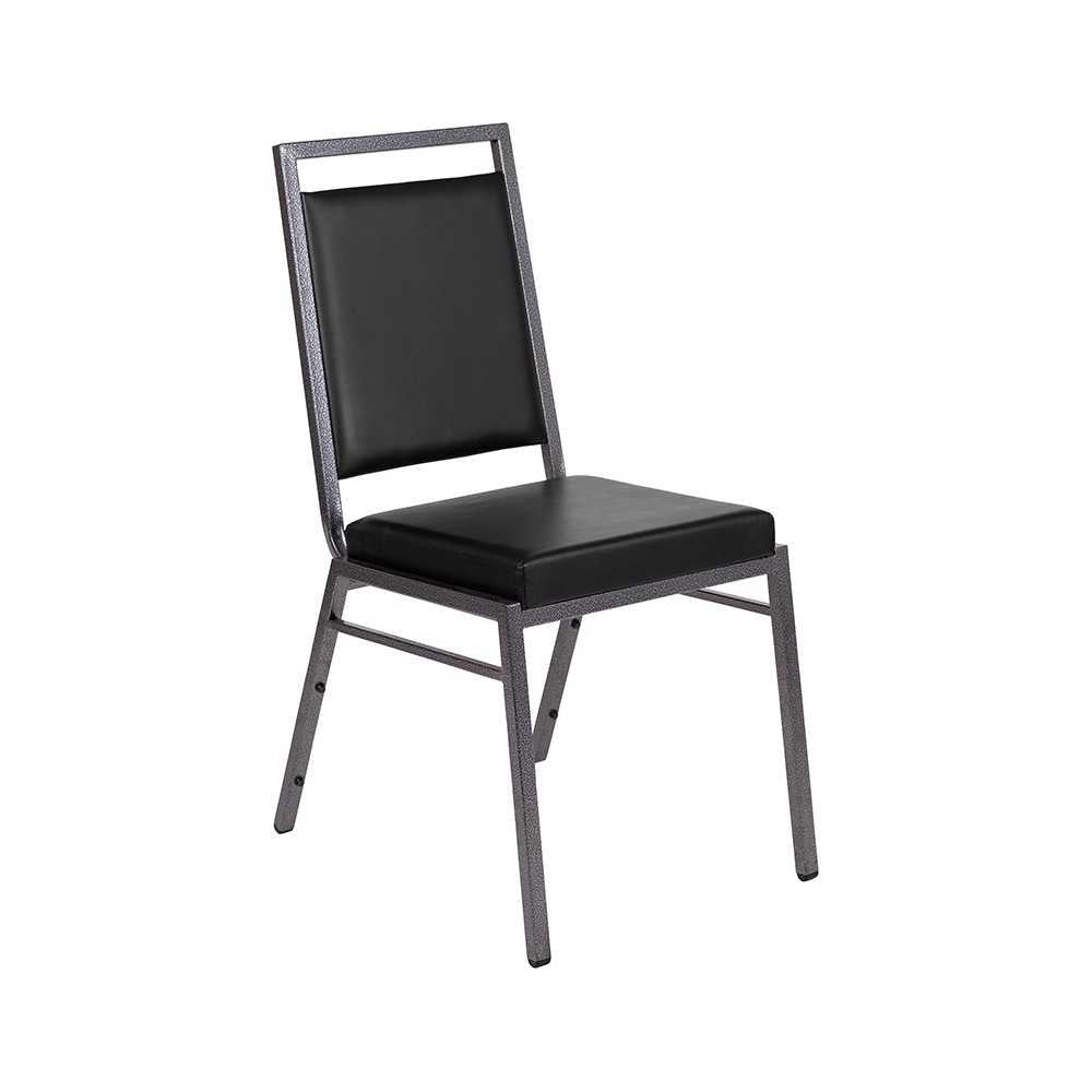 Square Back Stacking Banquet Chair in Black Vinyl with Silvervein Frame