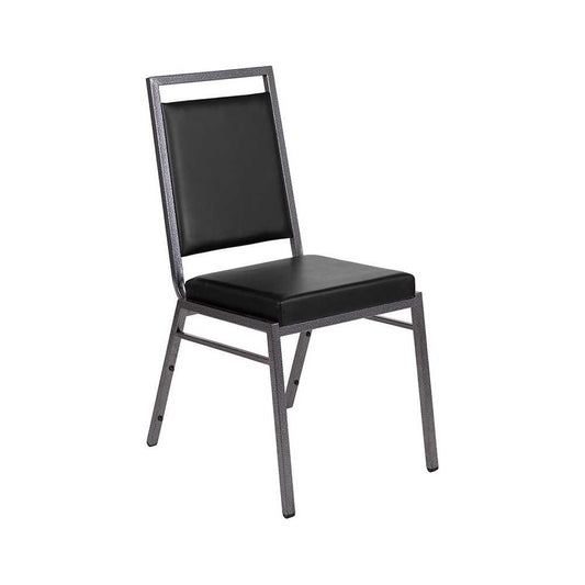 Square Back Stacking Banquet Chair in Black Vinyl with Silvervein Frame