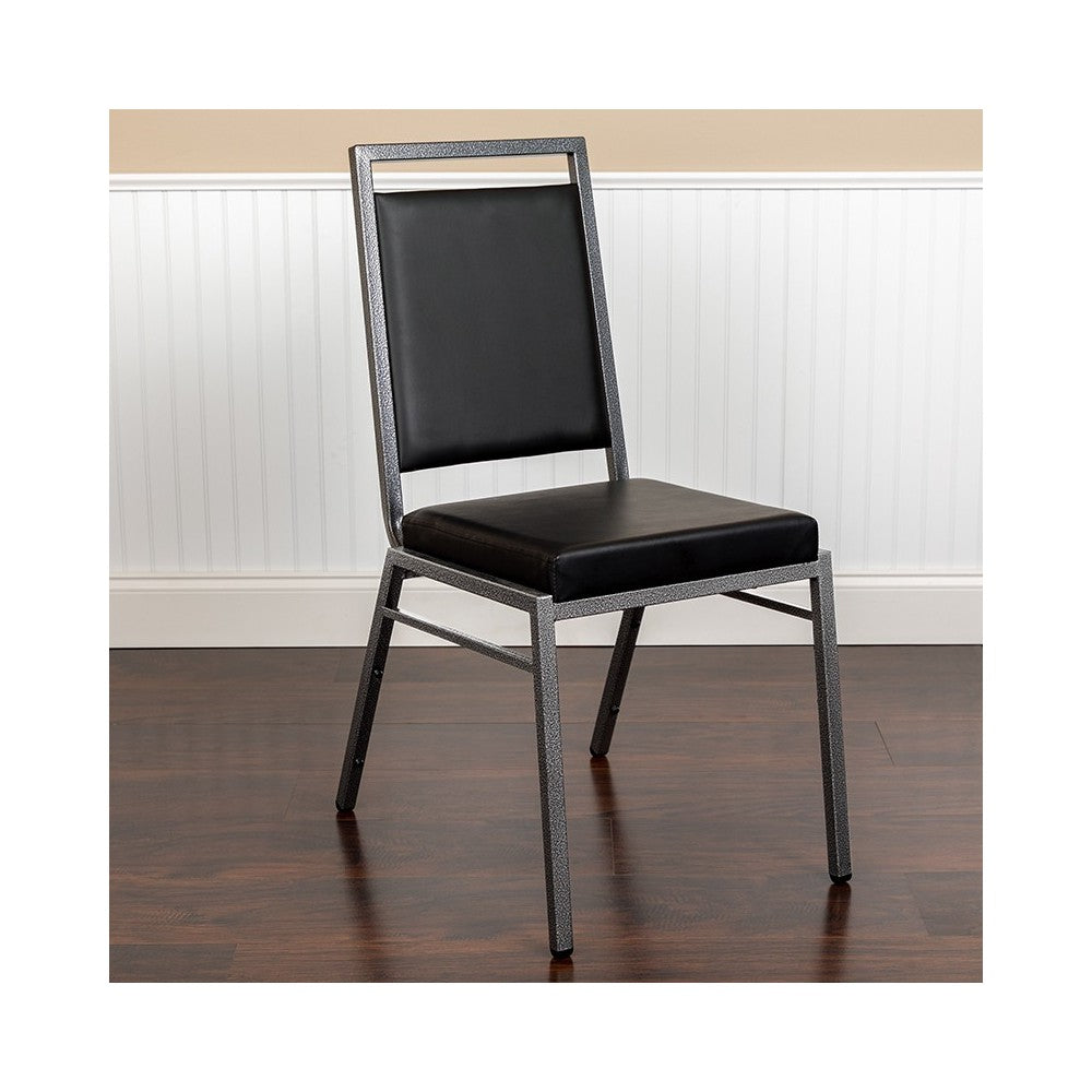 Square Back Stacking Banquet Chair in Black Vinyl with Silvervein Frame