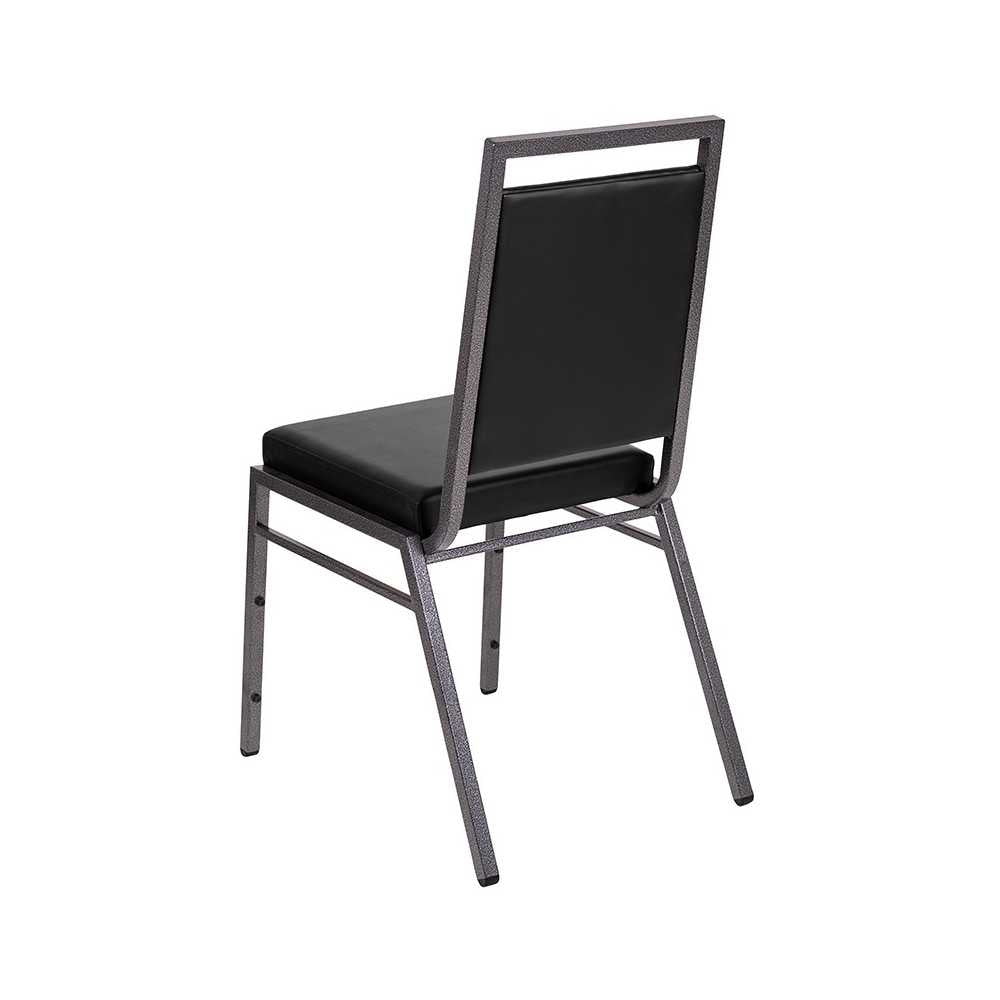 Square Back Stacking Banquet Chair in Black Vinyl with Silvervein Frame