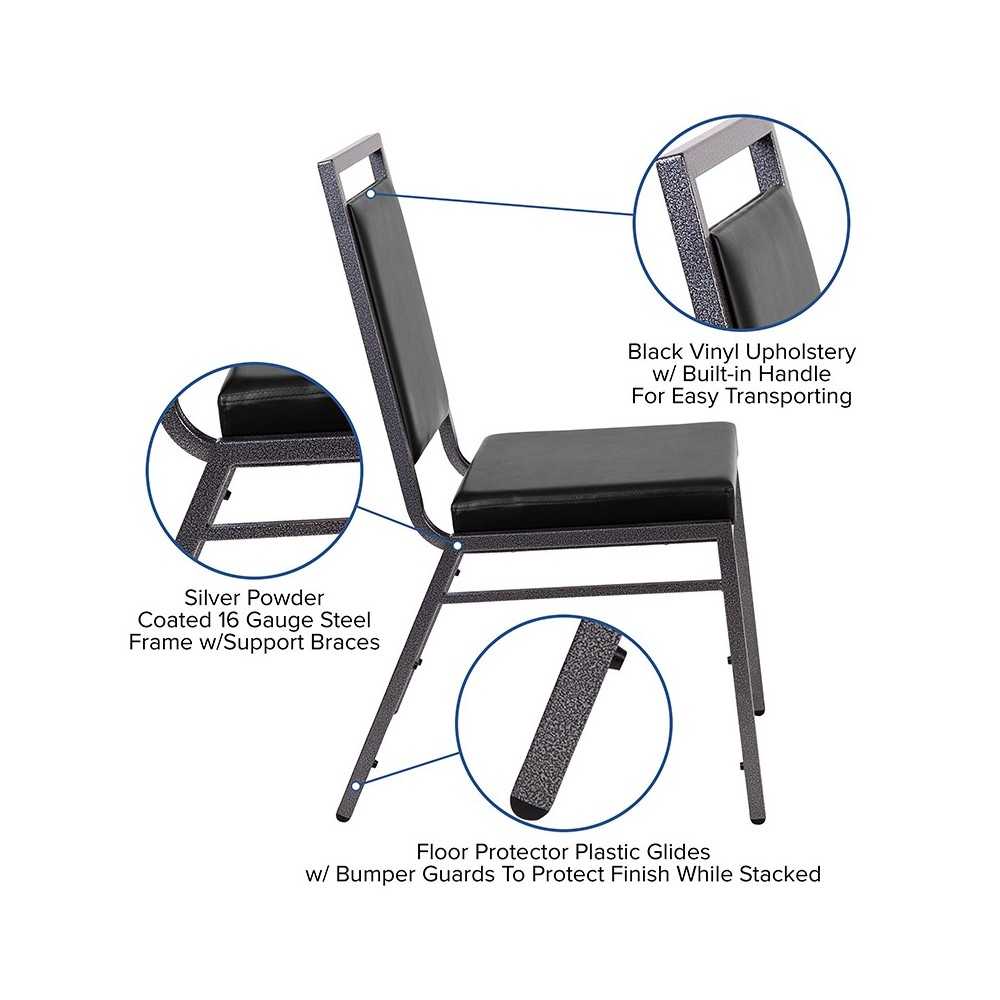 Square Back Stacking Banquet Chair in Black Vinyl with Silvervein Frame