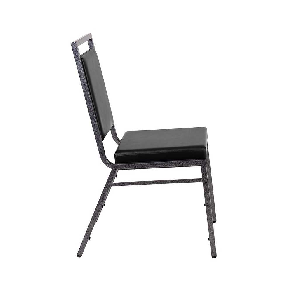 Square Back Stacking Banquet Chair in Black Vinyl with Silvervein Frame