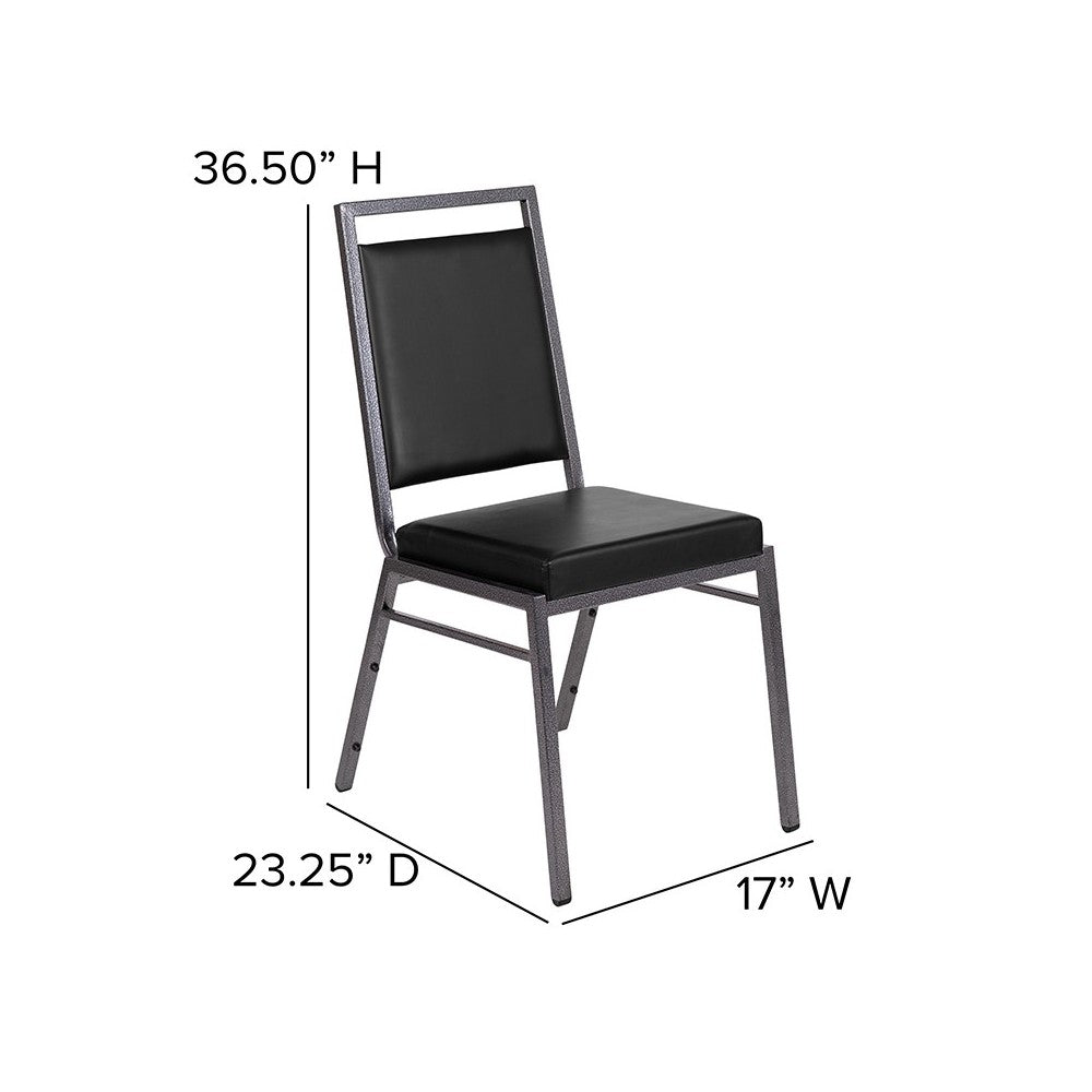 Square Back Stacking Banquet Chair in Black Vinyl with Silvervein Frame