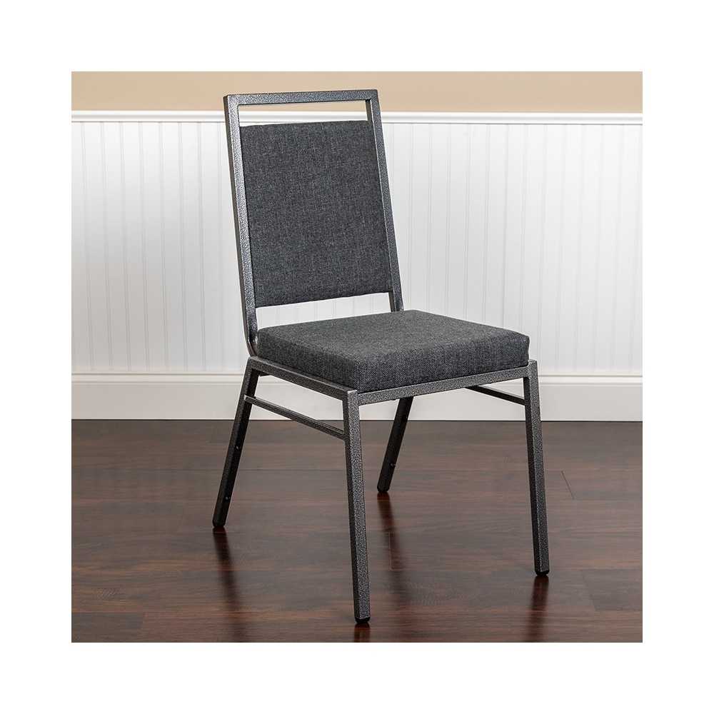 Square Back Stacking Banquet Chair in Dark Gray Fabric with Silvervein Frame