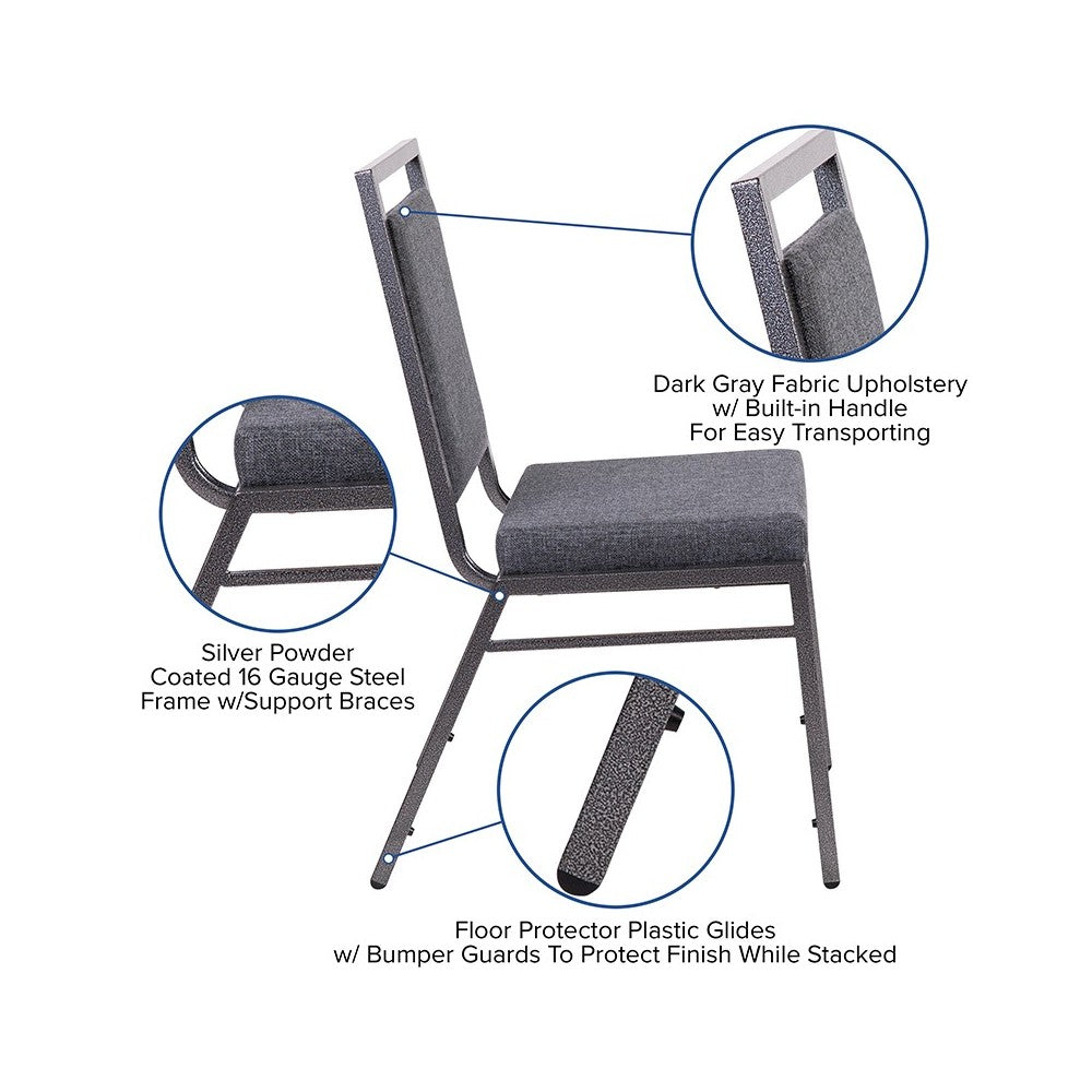 Square Back Stacking Banquet Chair in Dark Gray Fabric with Silvervein Frame