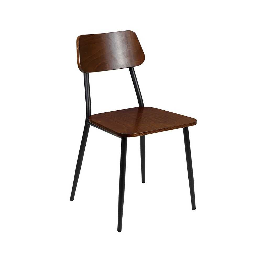 Stackable Industrial Dining Chair with Gunmetal Steel Frame and Rustic Wood Seat, Set of 2