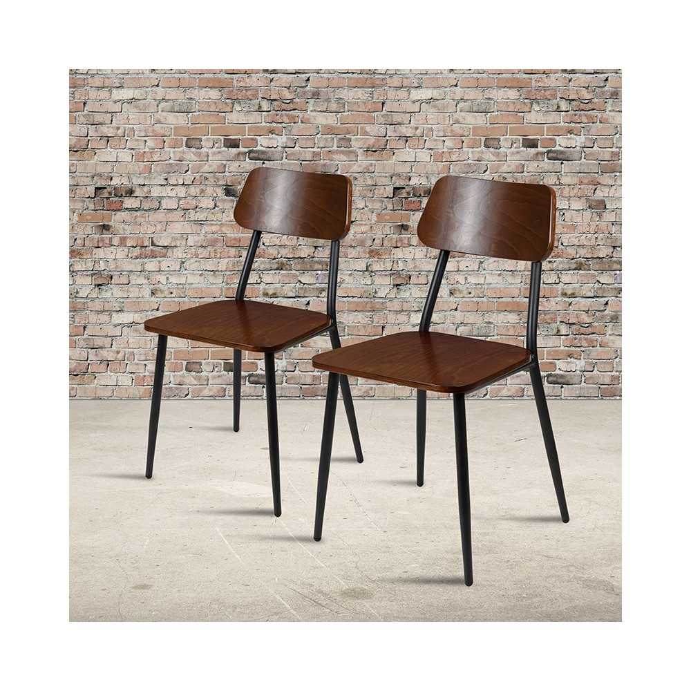 Stackable Industrial Dining Chair with Gunmetal Steel Frame and Rustic Wood Seat, Set of 2
