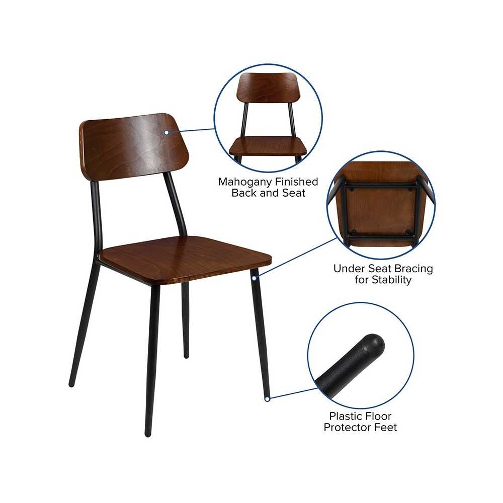 Stackable Industrial Dining Chair with Gunmetal Steel Frame and Rustic Wood Seat, Set of 2