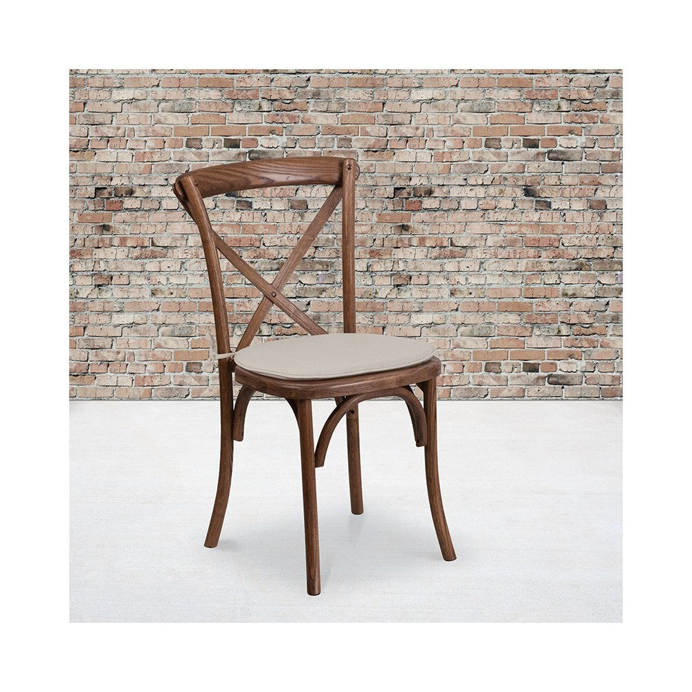 Stackable Pecan Wood Cross Back Chair with Cushion