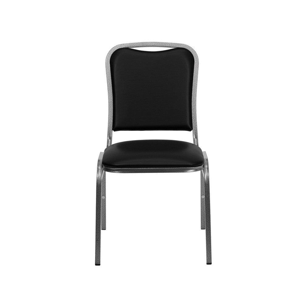 Stacking Banquet Chair in Black Vinyl - Silver Vein Frame