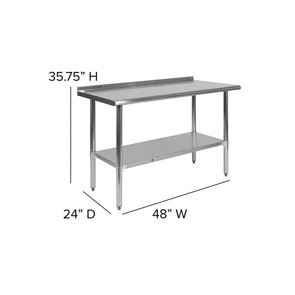 Stainless Steel 18 Gauge Work Table with 1.5" Backsplash and Undershelf - NSF Certified - 48"W x 24"D x 36"H