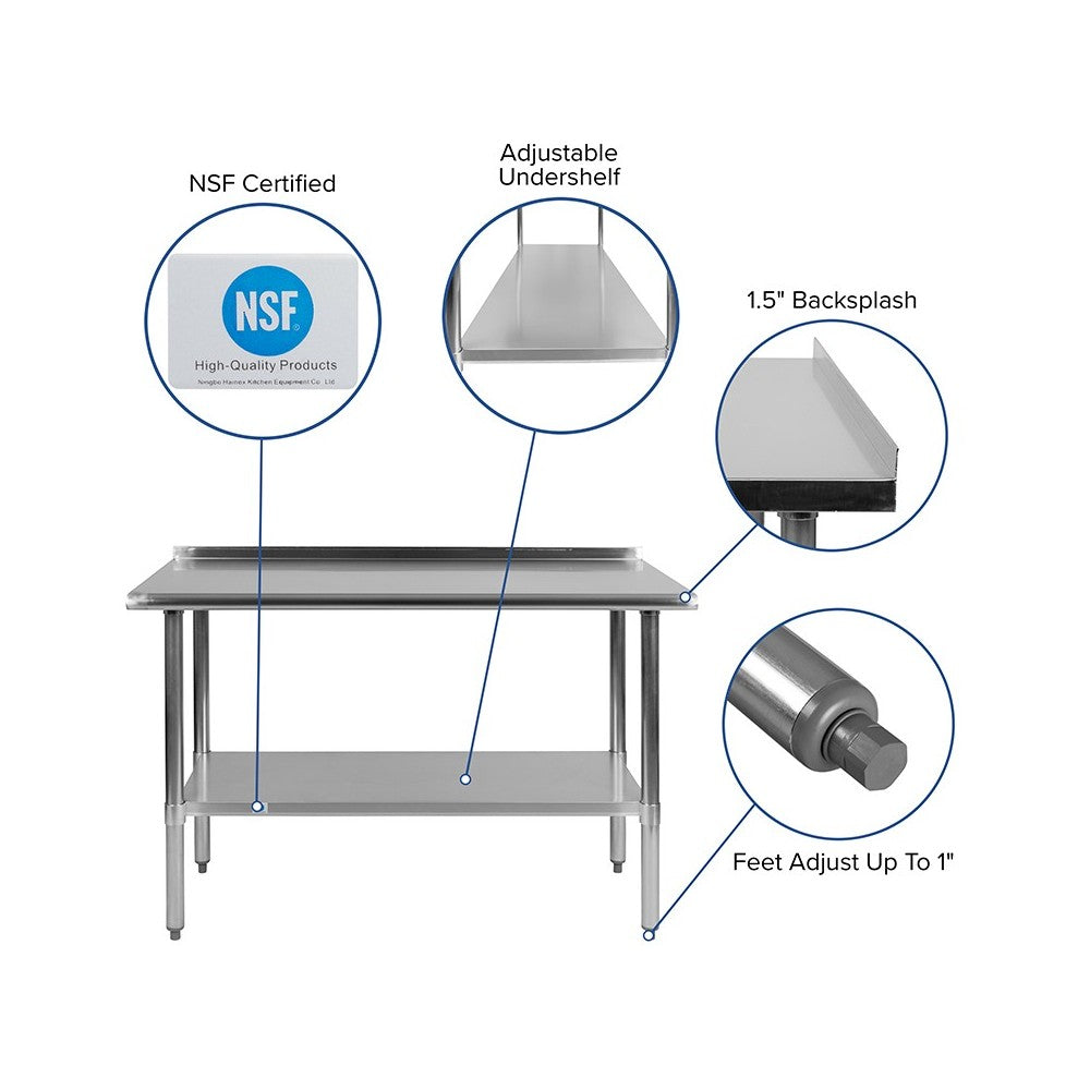 Stainless Steel 18 Gauge Work Table with 1.5" Backsplash and Undershelf - NSF Certified - 48"W x 24"D x 36"H