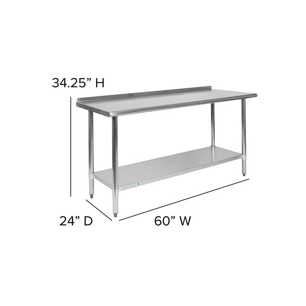 Stainless Steel 18 Gauge Work Table with 1.5" Backsplash and Undershelf - NSF Certified - 60"W x 24"D x 36"H