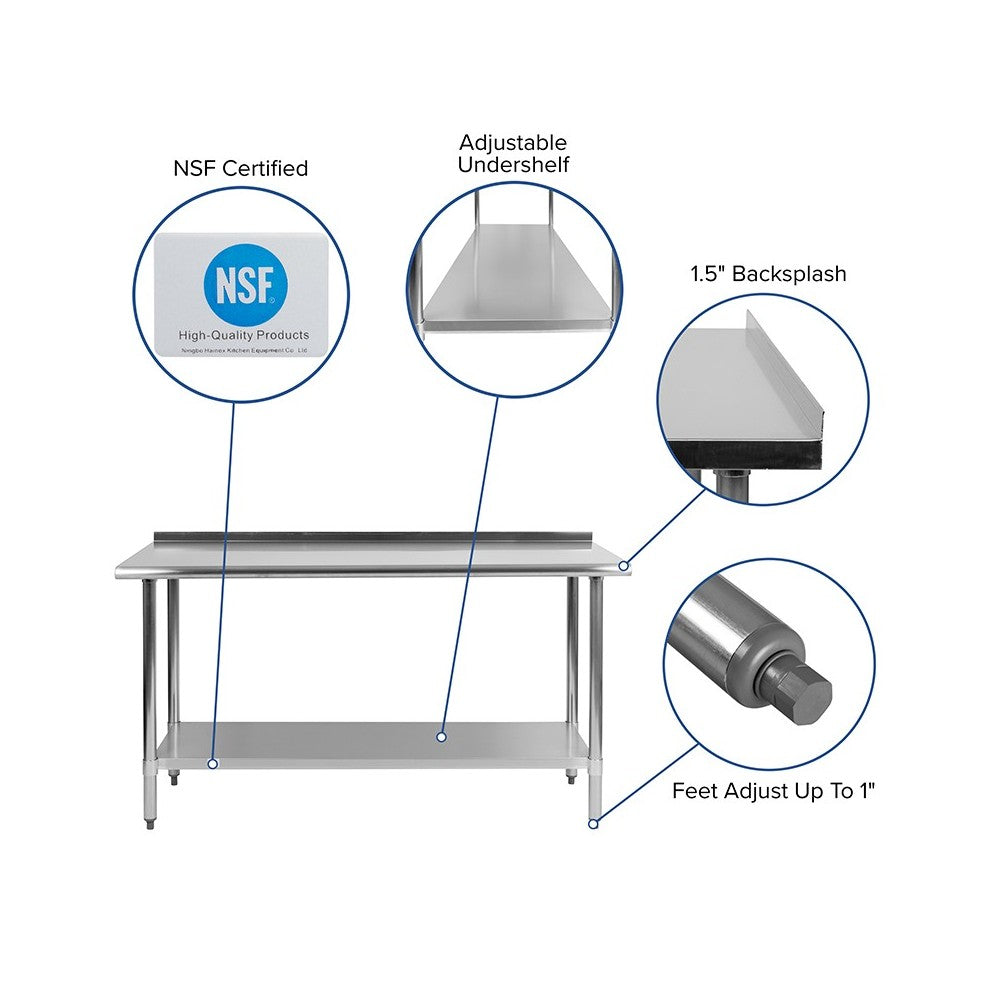 Stainless Steel 18 Gauge Work Table with 1.5" Backsplash and Undershelf - NSF Certified - 60"W x 24"D x 36"H