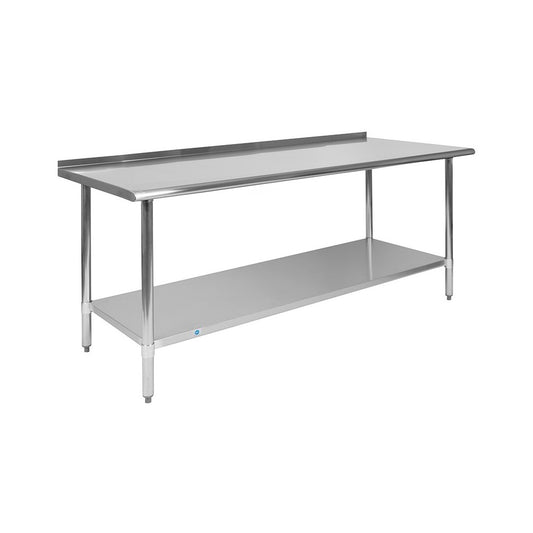 Stainless Steel 18 Gauge Work Table with 1.5" Backsplash and Undershelf - NSF Certified - 72"W x 30"D x 36"H