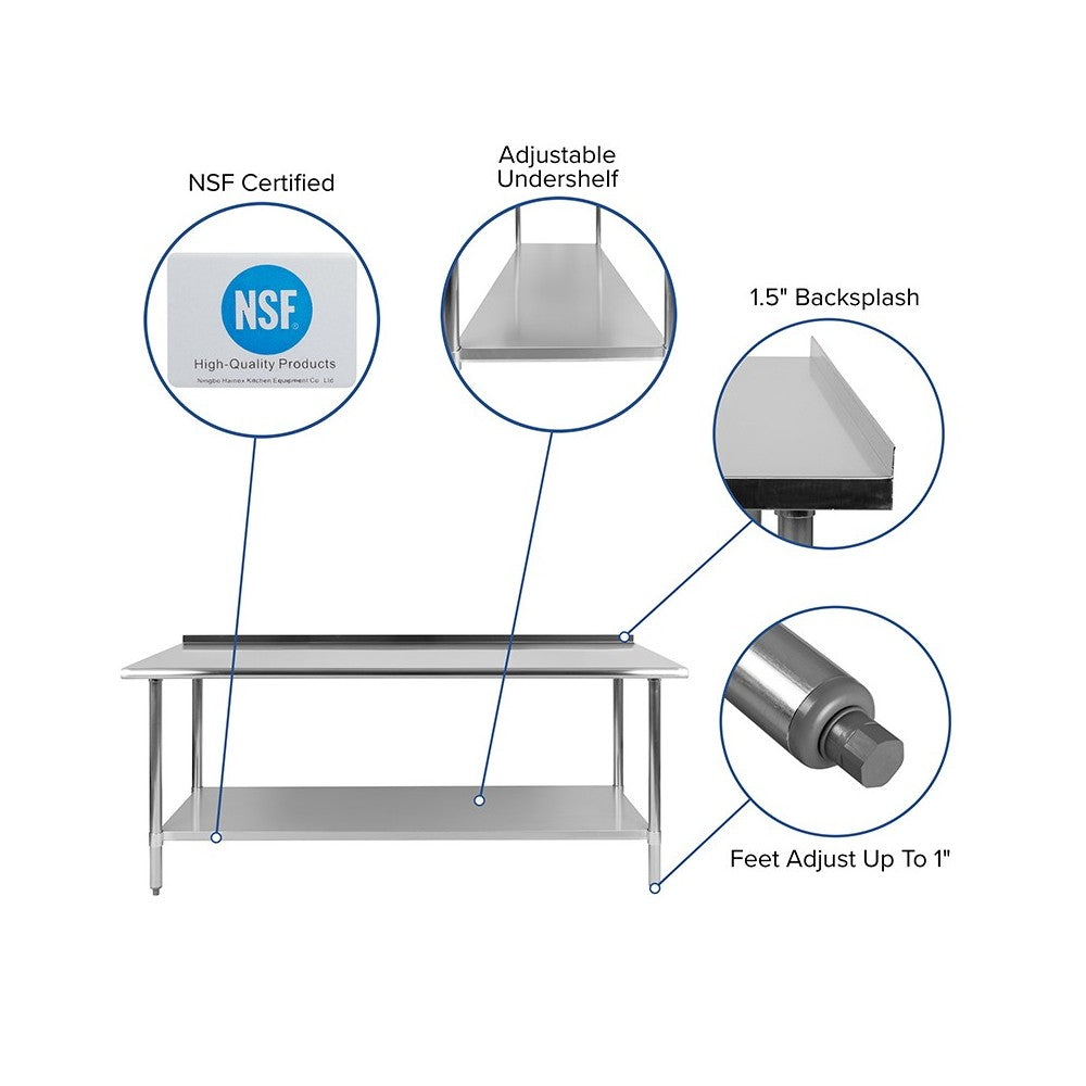 Stainless Steel 18 Gauge Work Table with 1.5" Backsplash and Undershelf - NSF Certified - 72"W x 30"D x 36"H