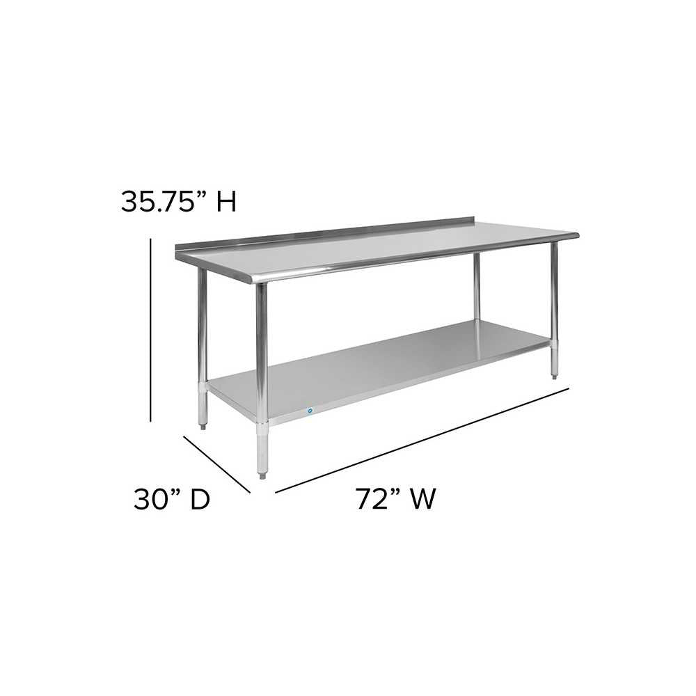 Stainless Steel 18 Gauge Work Table with 1.5" Backsplash and Undershelf - NSF Certified - 72"W x 30"D x 36"H