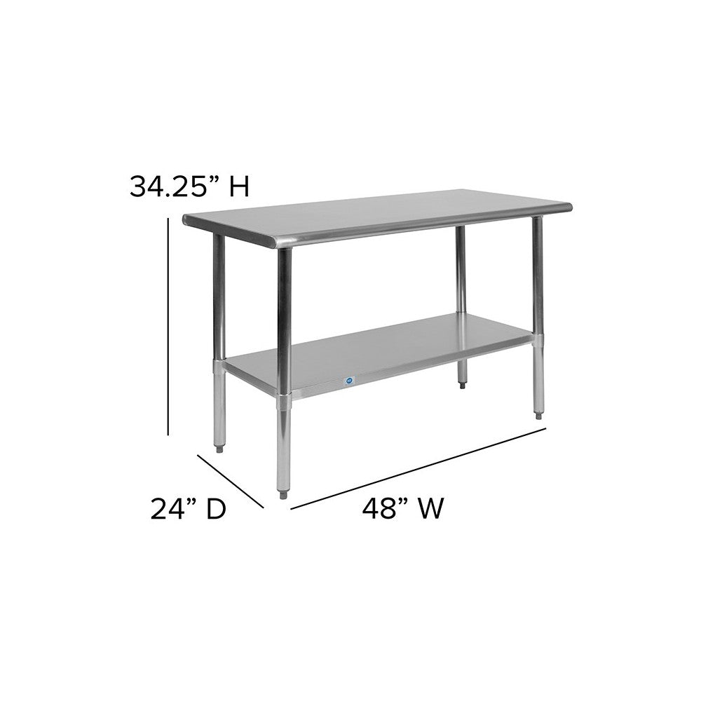 Stainless Steel 18 Gauge Work Table with Undershelf - NSF Certified - 48"W x 24"D x 34.5"H