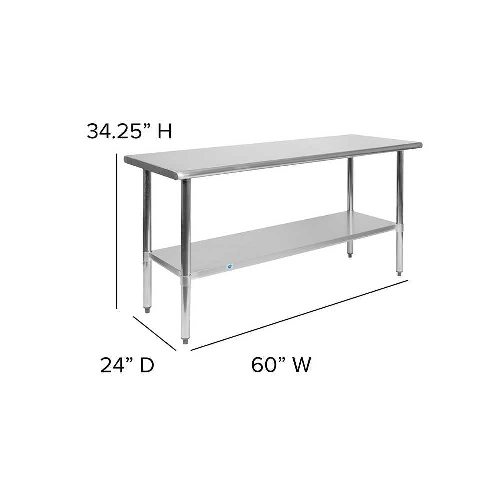 Stainless Steel 18 Gauge Work Table with Undershelf - NSF Certified - 60"W x 24"D x 34.5"H