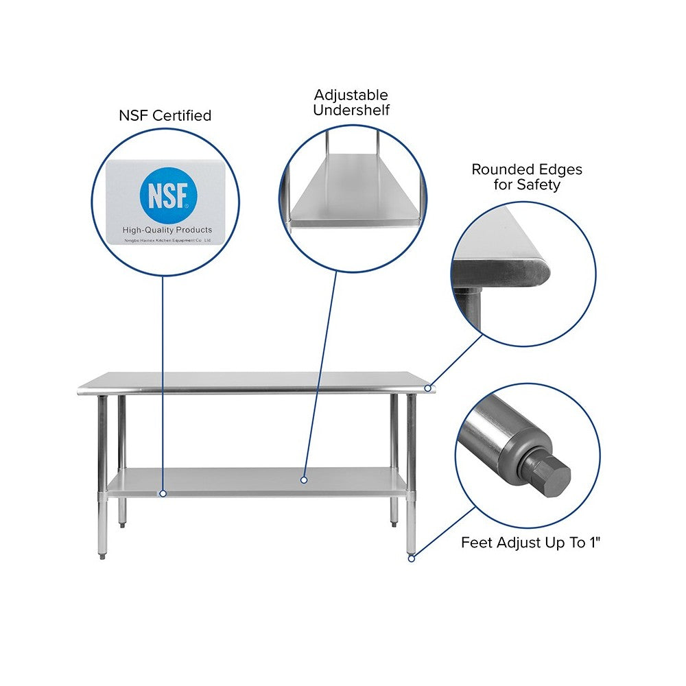 Stainless Steel 18 Gauge Work Table with Undershelf - NSF Certified - 60"W x 24"D x 34.5"H