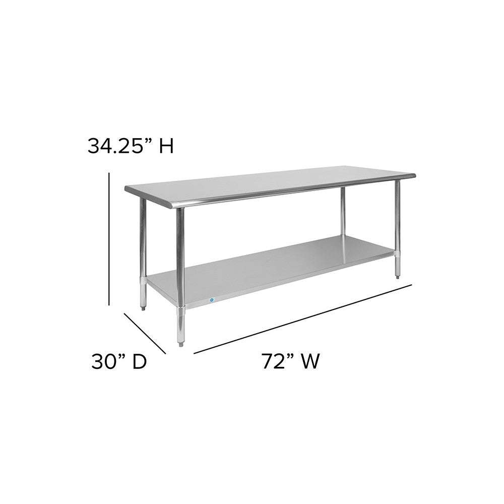 Stainless Steel 18 Gauge Work Table with Undershelf - NSF Certified - 72"W x 30"D x 34.5"H