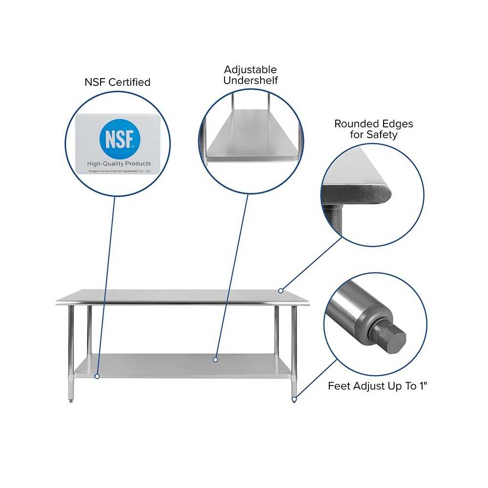 Stainless Steel 18 Gauge Work Table with Undershelf - NSF Certified - 72"W x 30"D x 34.5"H