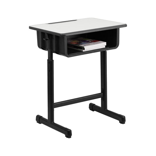 Student Desk with Gray Top and Adjustable Height Black Pedestal Frame