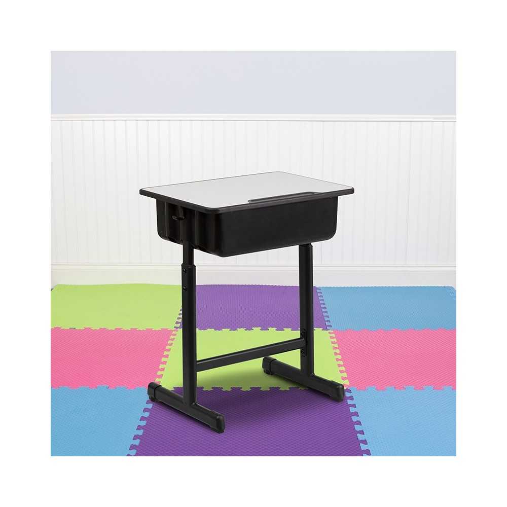 Student Desk with Gray Top and Adjustable Height Black Pedestal Frame