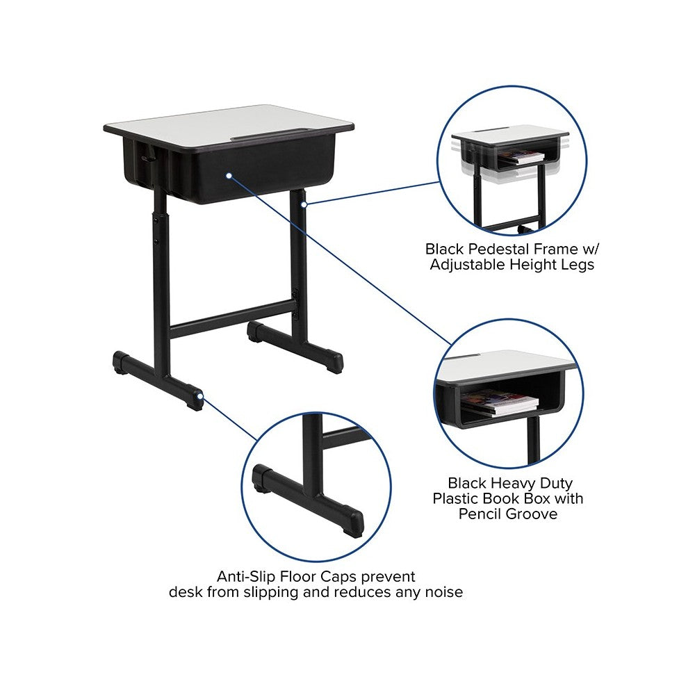 Student Desk with Gray Top and Adjustable Height Black Pedestal Frame