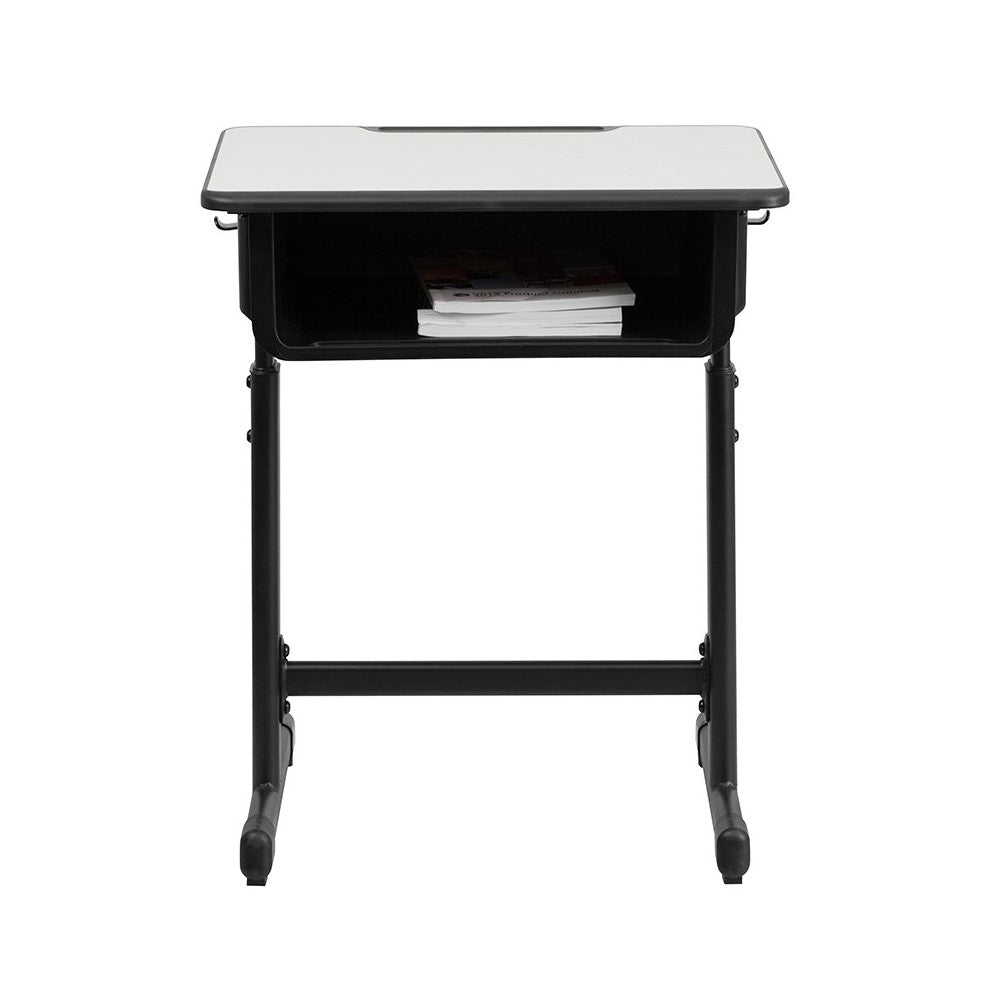 Student Desk with Gray Top and Adjustable Height Black Pedestal Frame