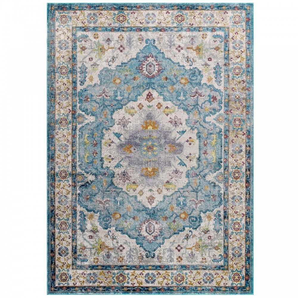 Success Anisah Distressed Floral Persian Medallion 4x6 Area Rug, Light Blue, Ivory, Yellow, Orange