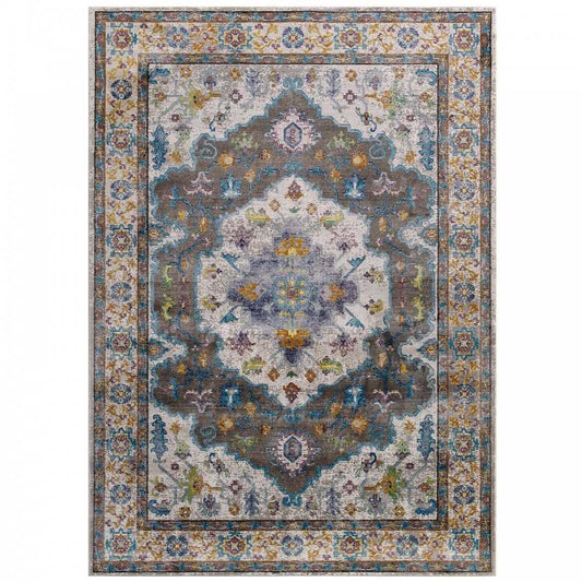 Success Anisah Distressed Floral Persian Medallion 4x6 Area Rug, Gray, Ivory, Yellow, Orange