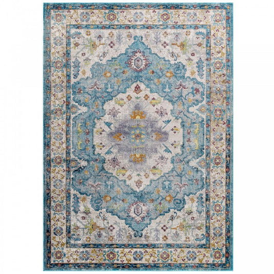 Success Anisah Distressed Floral Persian Medallion 5x8 Area Rug, Light Blue, Ivory, Yellow, Orange