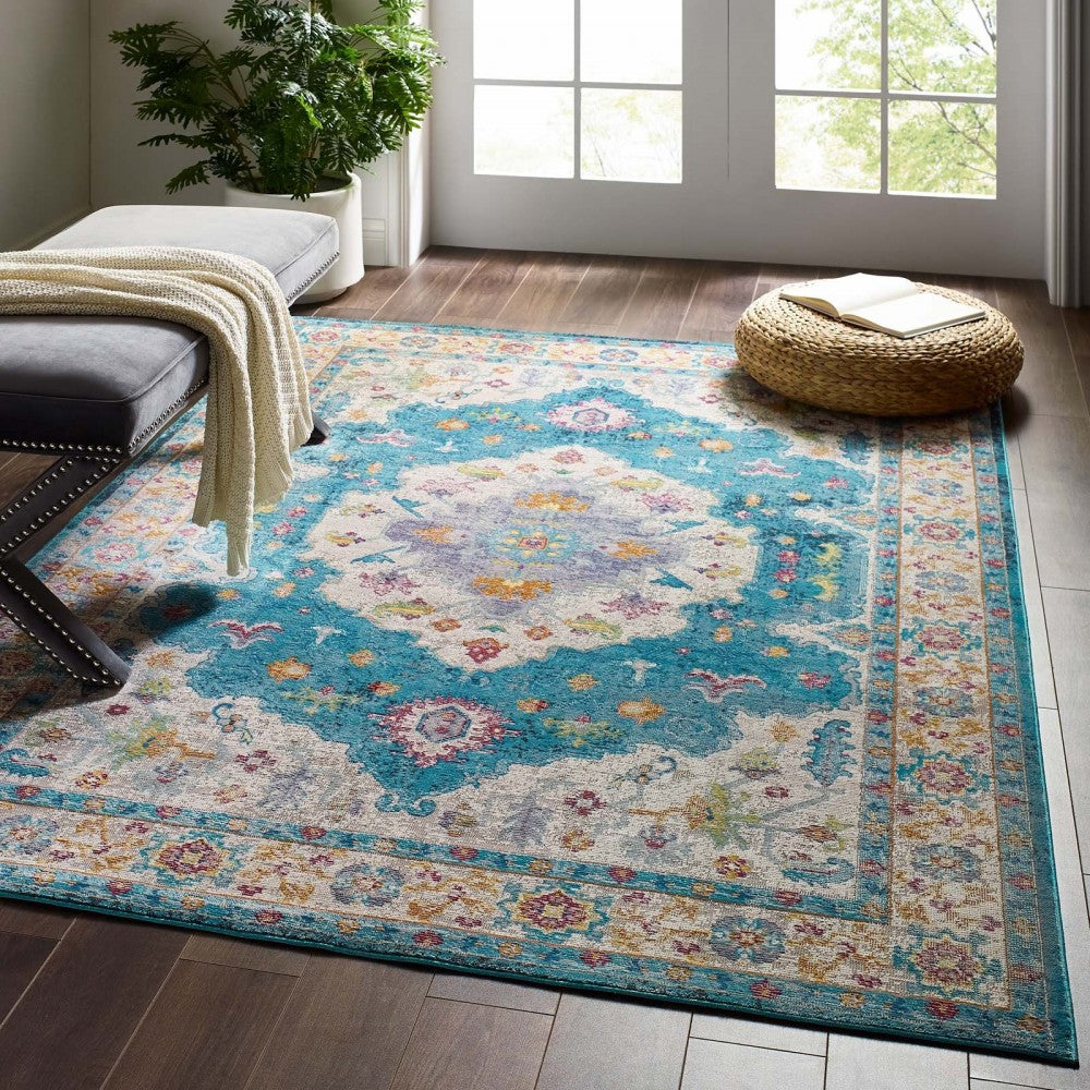 Success Anisah Distressed Floral Persian Medallion 5x8 Area Rug, Blue, Ivory, Yellow, Orange