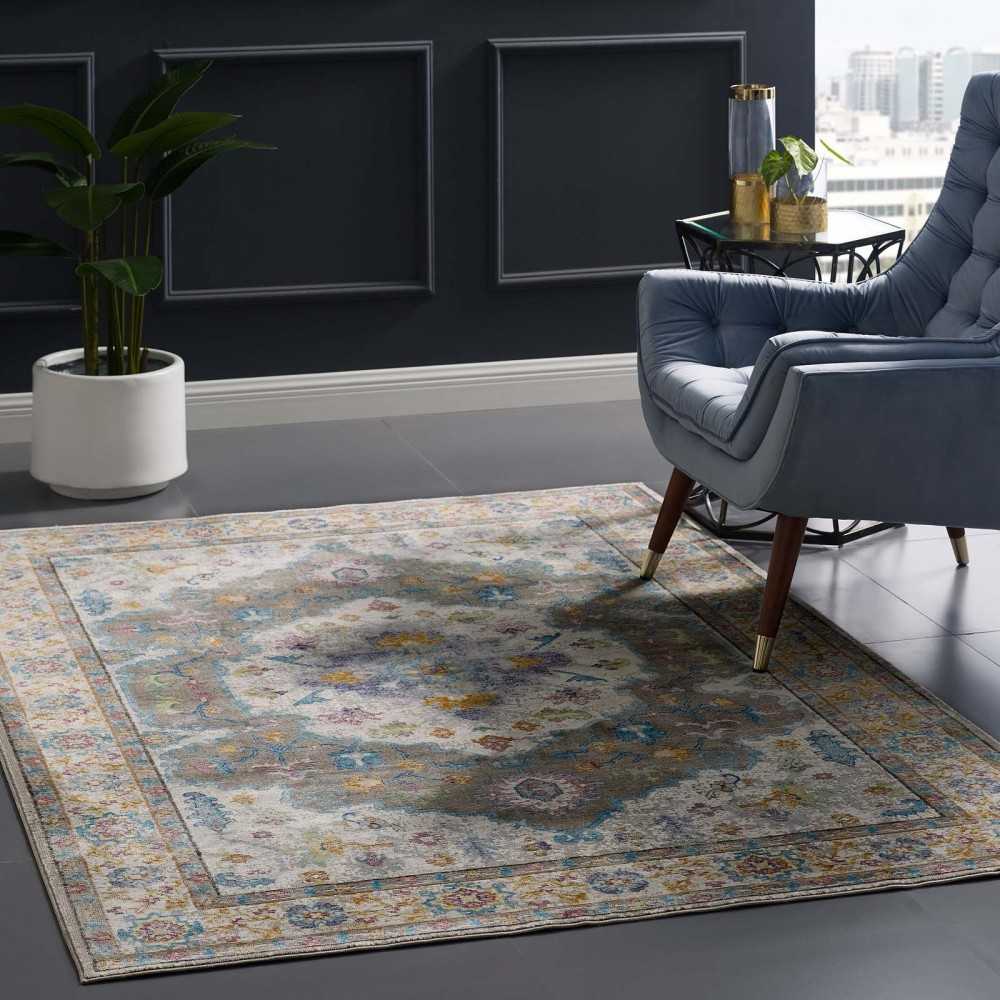 Success Anisah Distressed Floral Persian Medallion 5x8 Area Rug, Gray, Ivory, Yellow, Orange