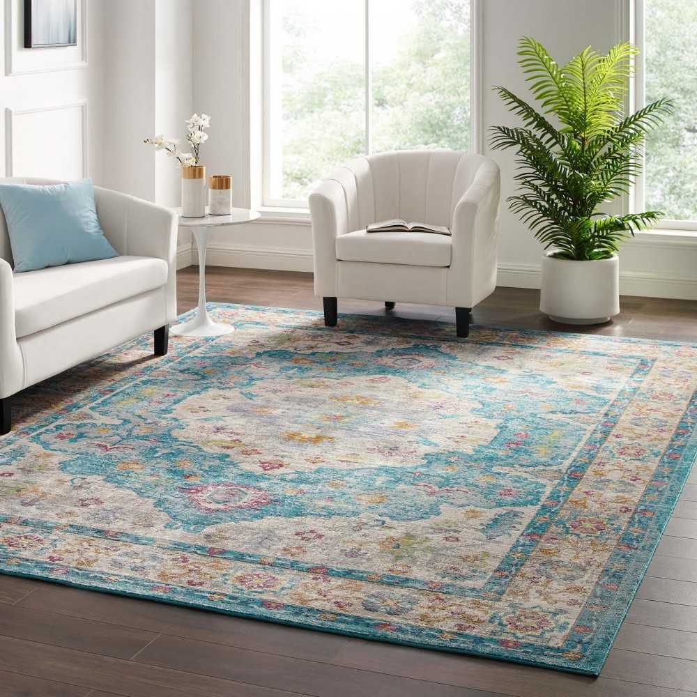 Success Anisah Distressed Floral Persian Medallion 8x10 Area Rug, Light Blue, Ivory, Yellow Orange