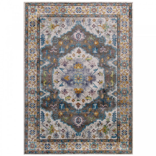 Success Anisah Distressed Floral Persian Medallion 8x10 Area Rug, Gray, Ivory, Yellow, Orange