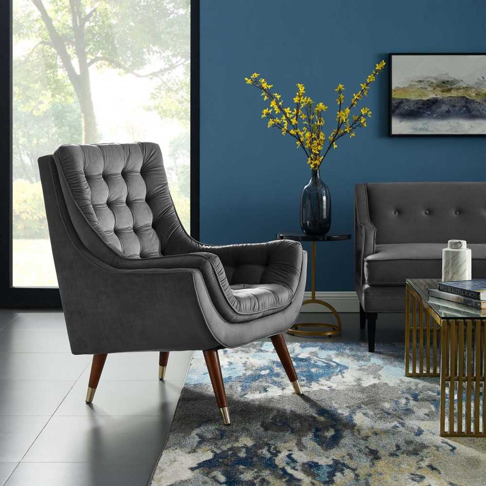 Suggest Button Tufted Performance Velvet Lounge Chair, Gray