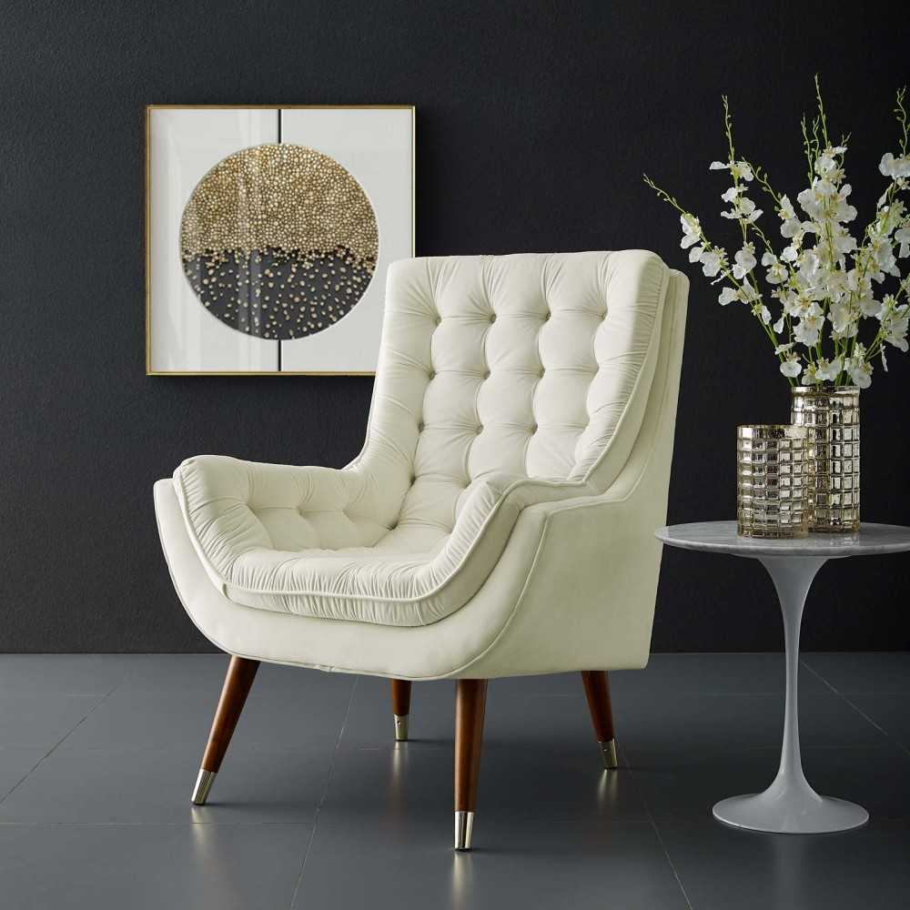 Suggest Button Tufted Performance Velvet Lounge Chair, Ivory