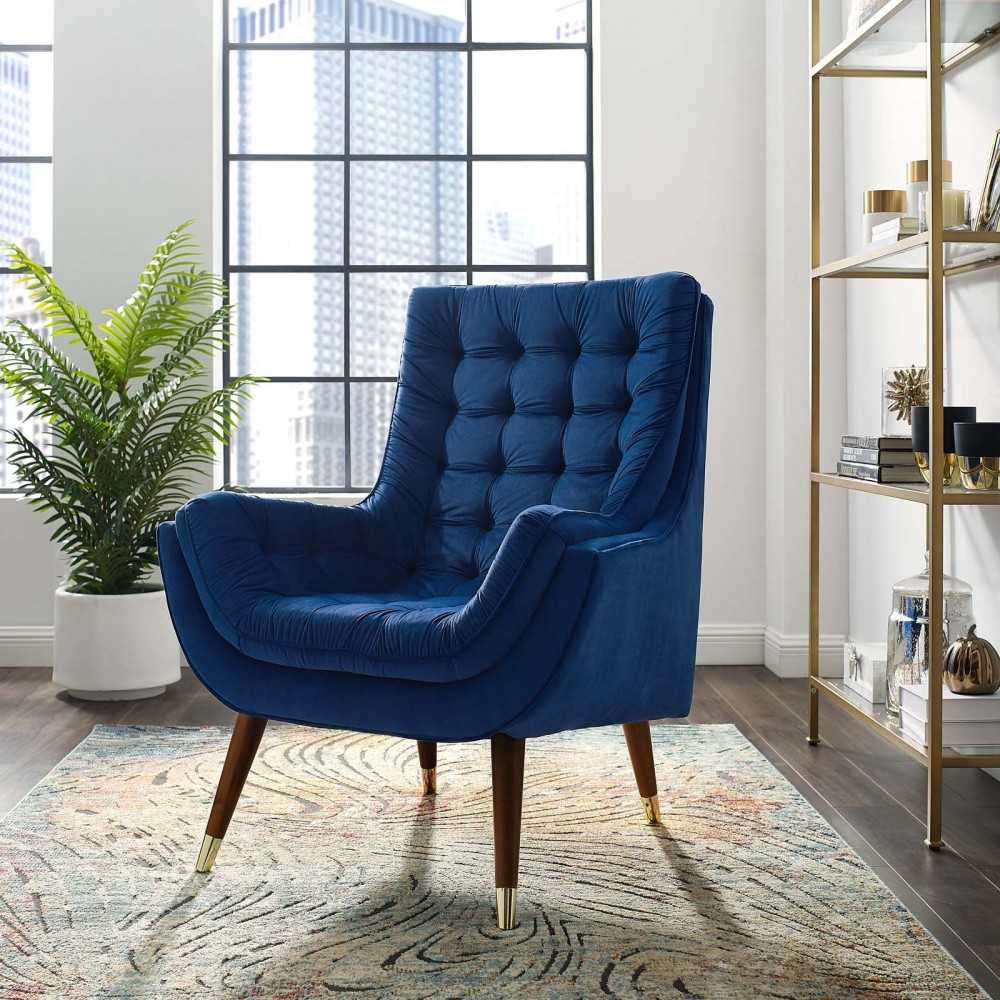 Suggest Button Tufted Performance Velvet Lounge Chair, Navy