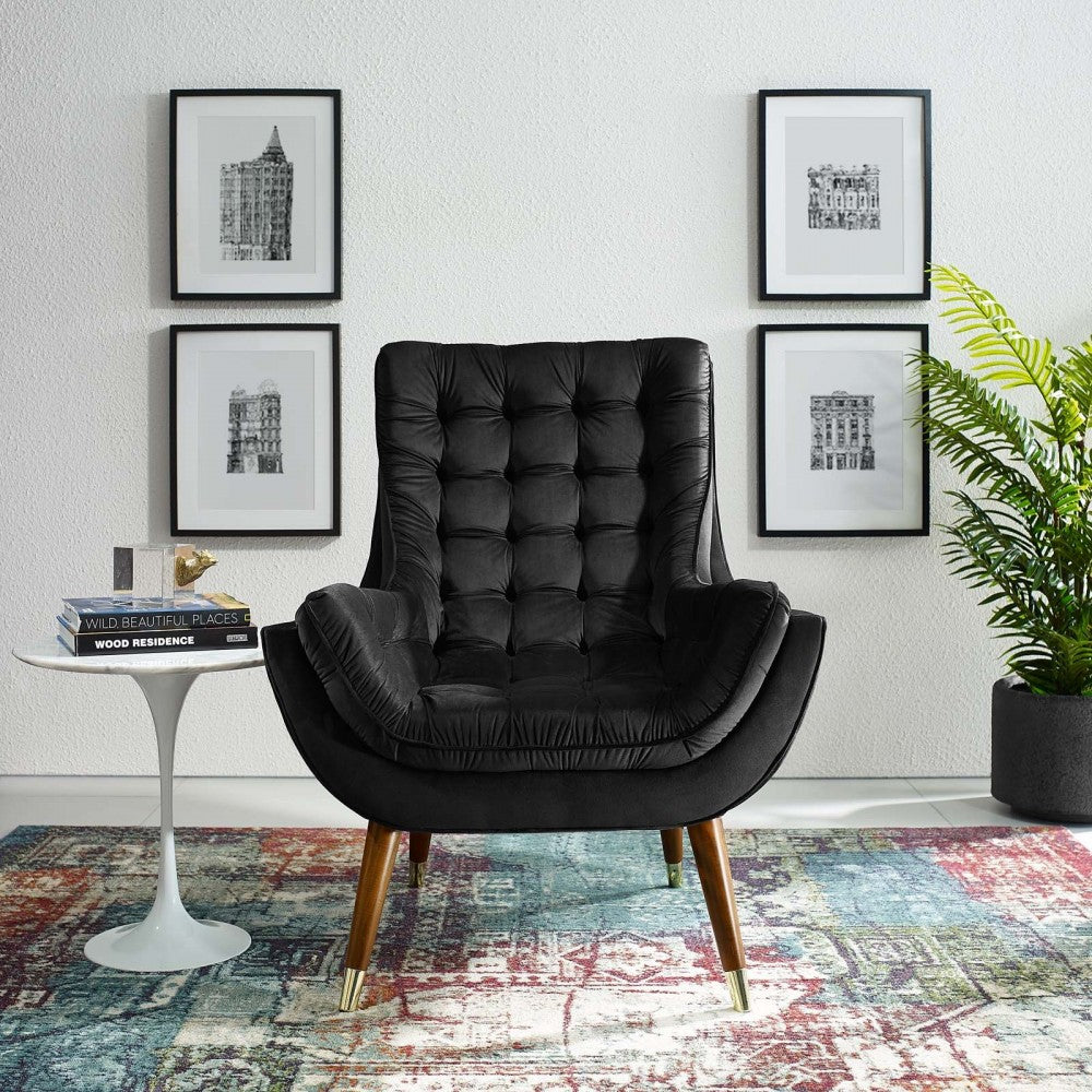 Suggest Button Tufted Performance Velvet Lounge Chair, Black