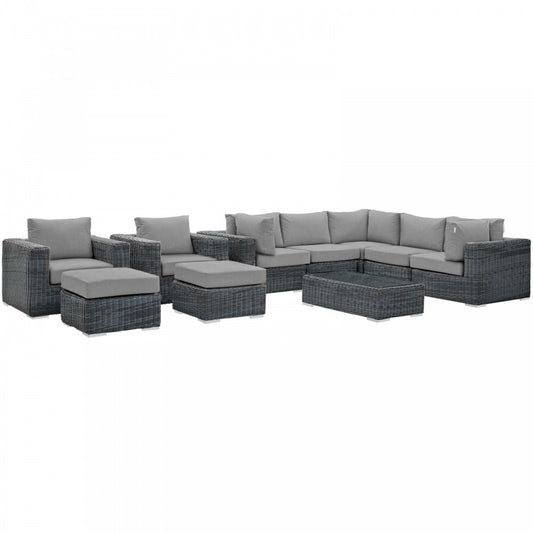 Summon 10 Piece Outdoor Patio Sunbrella Sectional Set, Canvas Gray